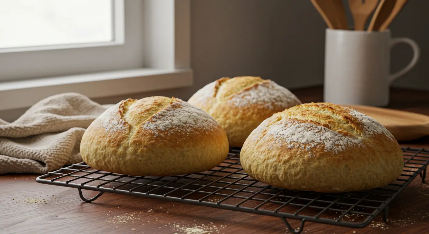 Freshly baked stottie cake recipe on a wooden board, surrounded by traditional accompaniments like butter, jam, and a steaming cup of tea.