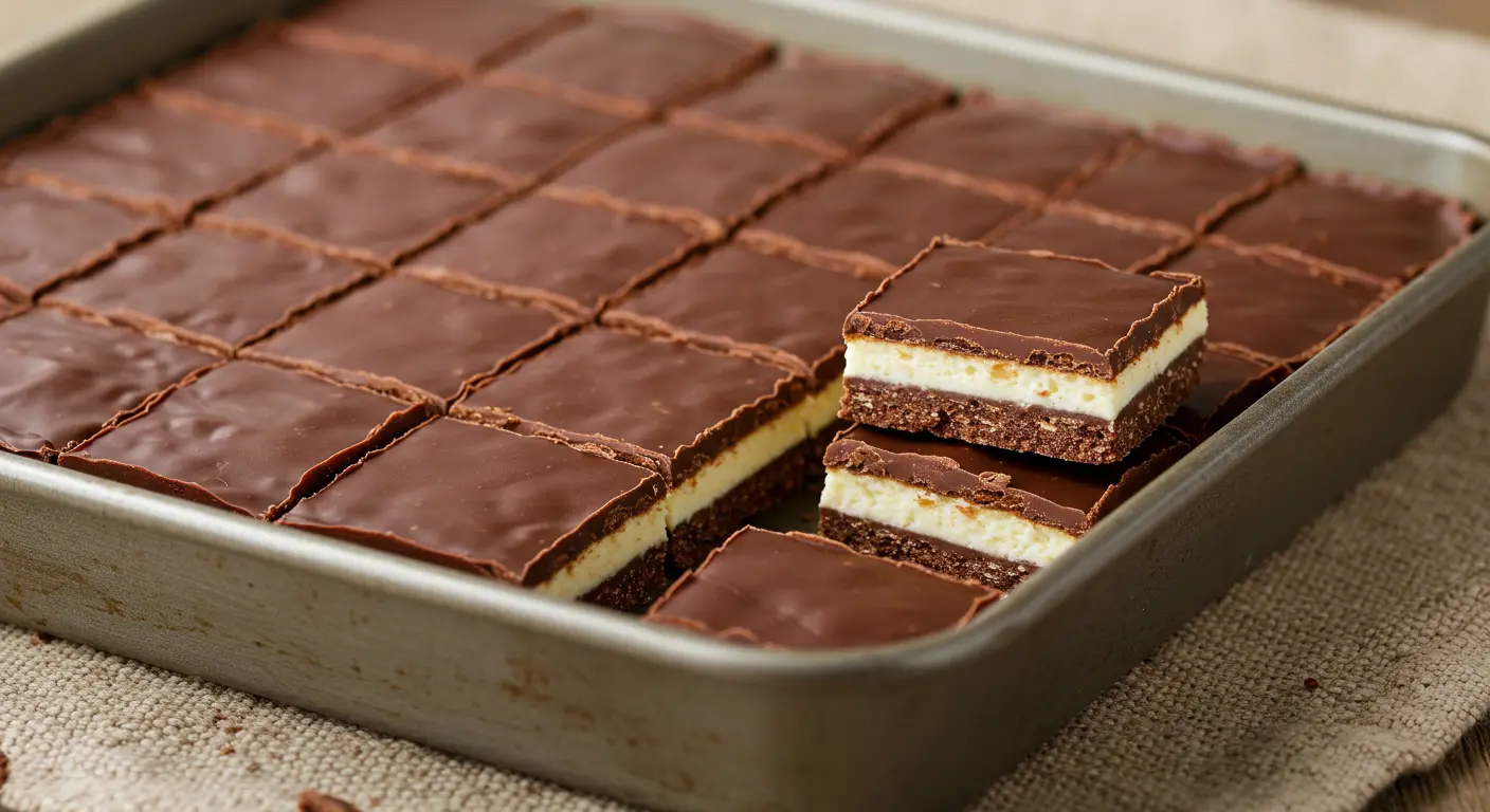 A whole Mounds Bar Cake Recipe topped with glossy chocolate frosting and coconut, displayed on a serving tray with a knife and festive decor.
