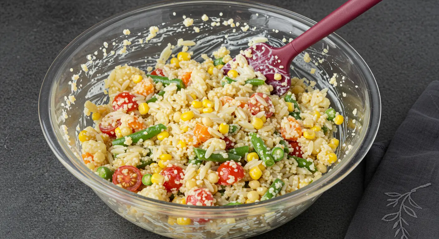 Creamy acini de pepe pasta salad with fresh vegetables, including asparagus, corn, and grape tomatoes