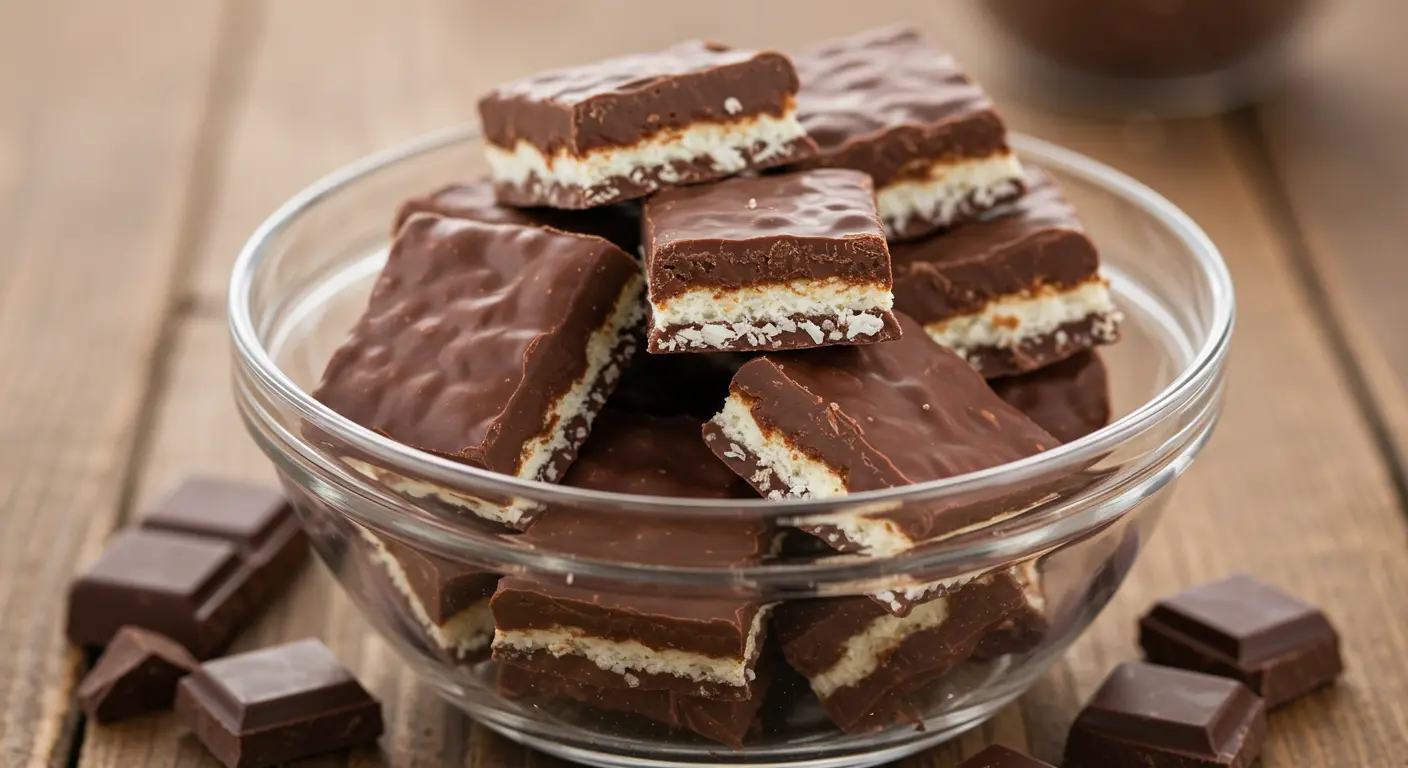A slice of Mounds Bar Cake topped with a rich layer of chocolate frosting and a chewy coconut topping, served on a white plate with a fork.