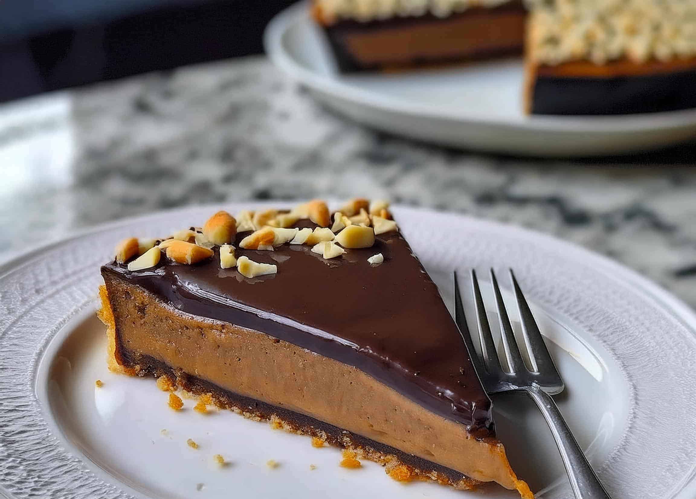 Chocolate and peanut butter tart with a glossy chocolate ganache topping and crushed peanuts, served on a rustic wooden table