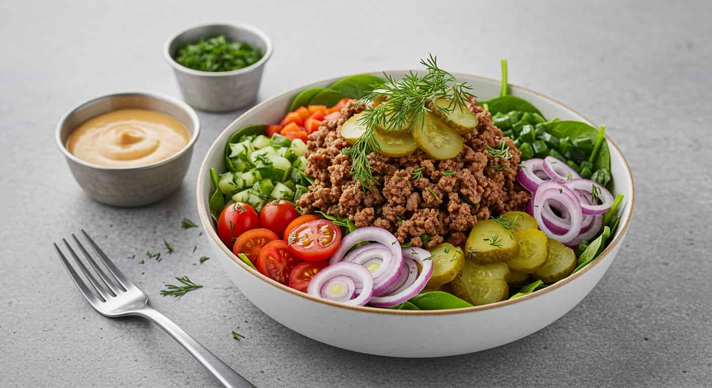 Colorful burger bowl with seasoned ground beef, fresh romaine lettuce, diced tomatoes, sliced pickles, red onion, and a drizzle of special sauce in a white bowl