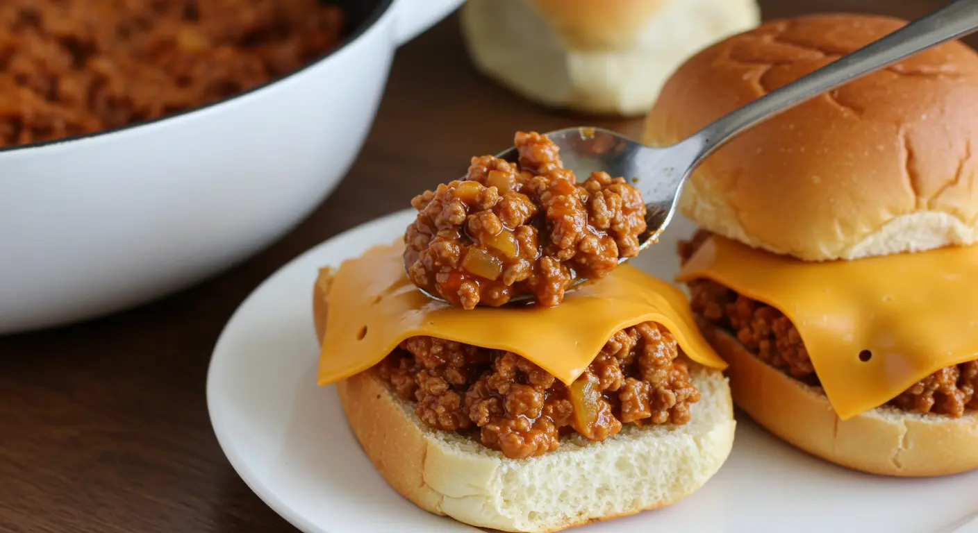 Overhead view of a rustic table setting with Chicken Sloppy Joes, buns, and a side salad, styled for a wholesome family meal.