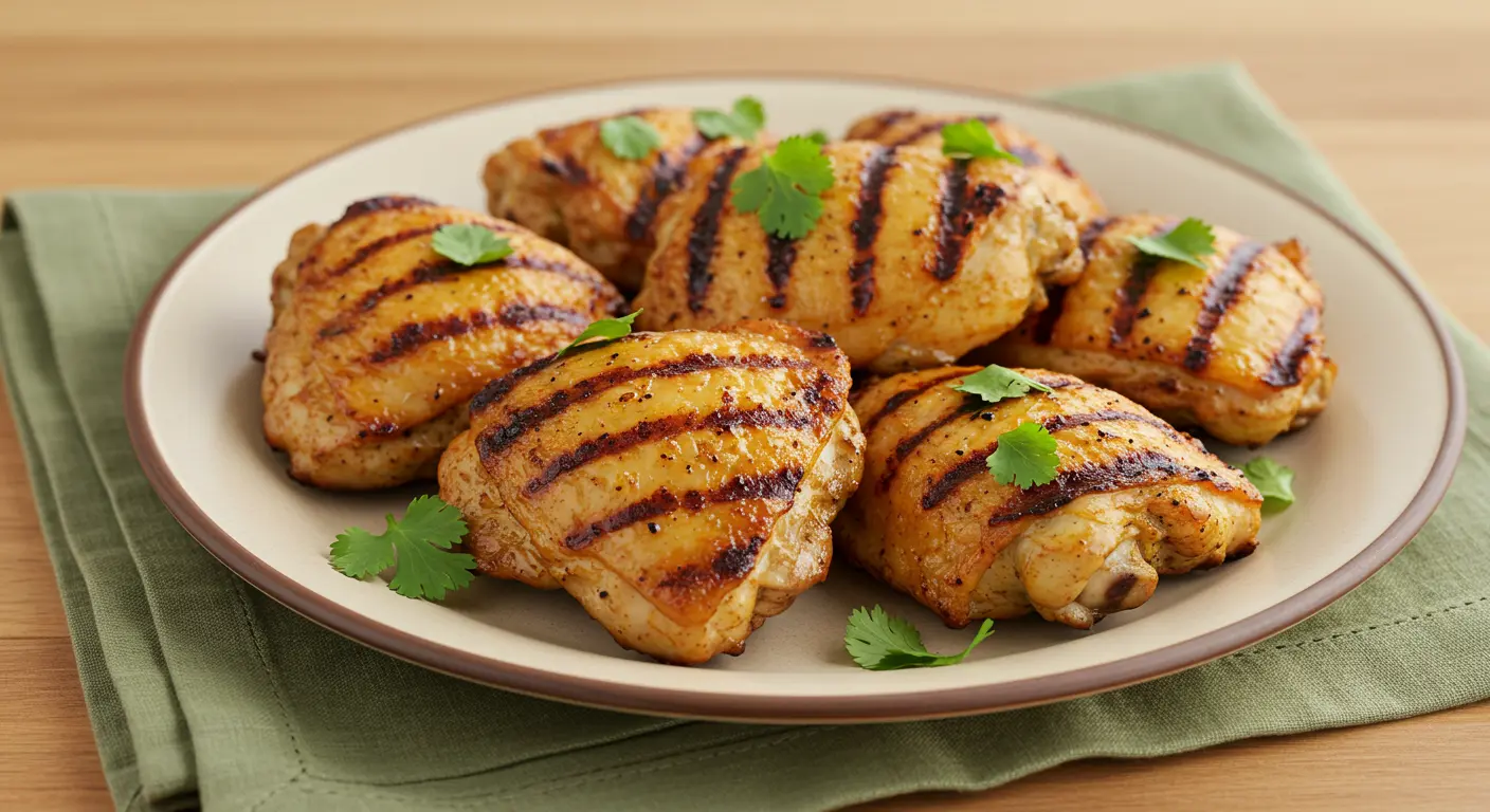 Juicy grilled chicken marinated in a smoky, spicy San Antonio-style Mexican marinade, garnished with fresh cilantro and lime wedges, served on a rustic wooden platter.
