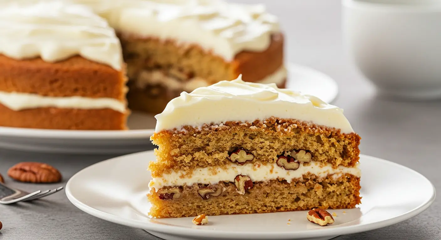 A beautifully frosted old-fashioned hummingbird cake garnished with chopped pecans and a slice of pineapple on a wooden cake stand