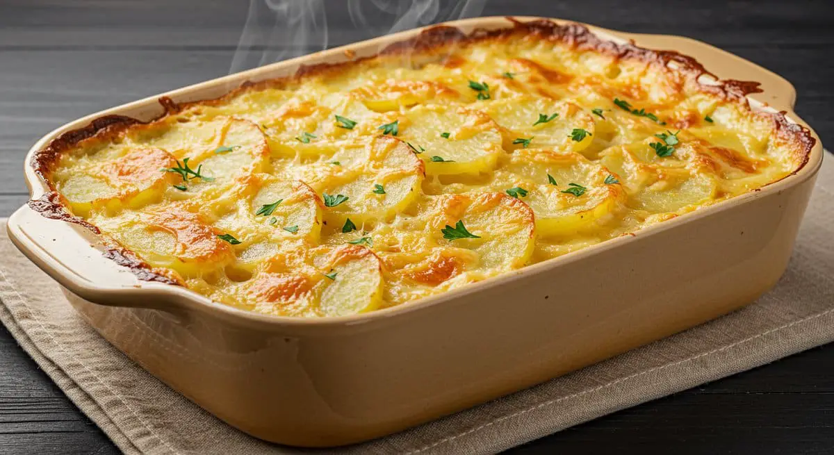 Golden-brown scalloped potatoes in a casserole dish