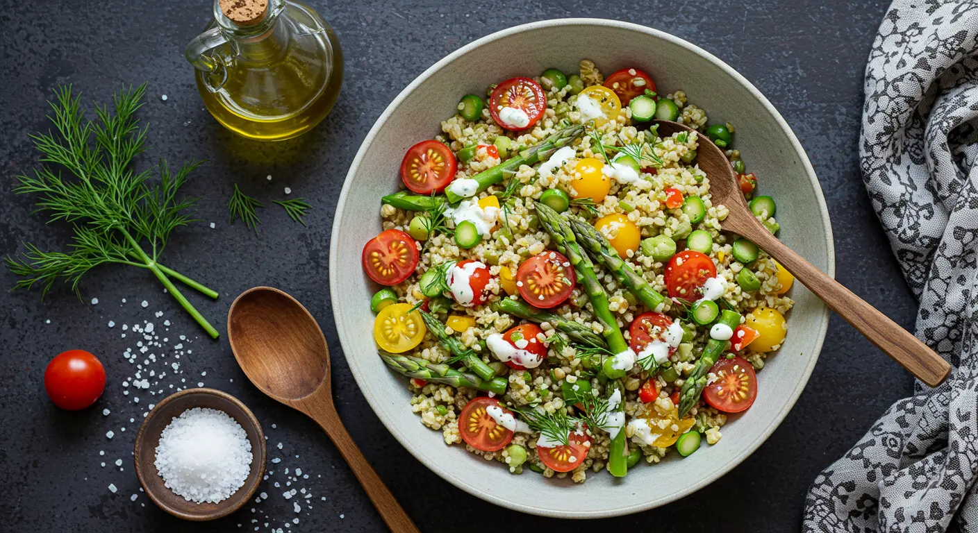 Creamy acini de pepe pasta salad with fresh vegetables, including asparagus, corn, and grape tomatoes