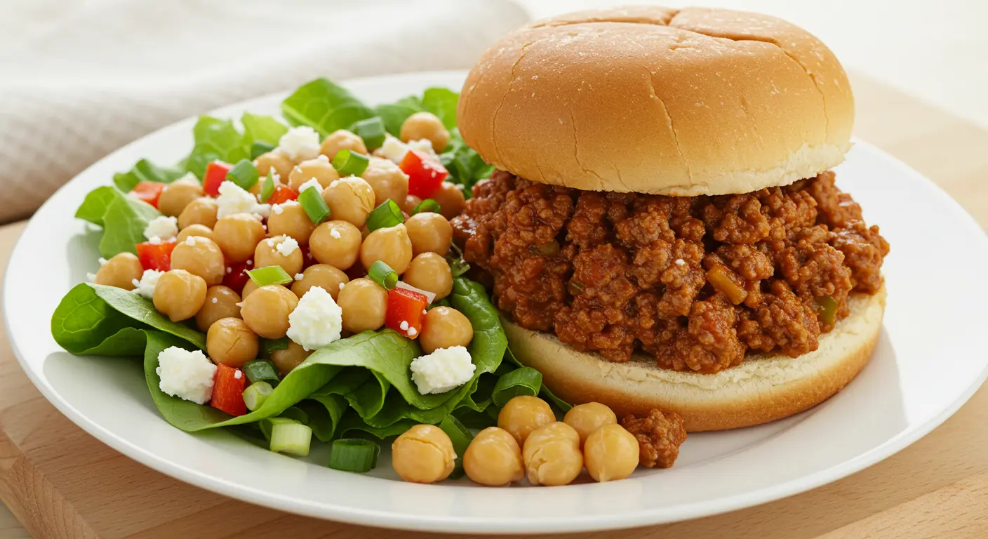A close-up of a Chicken Sloppy Joe sandwich on a toasted bun, with a savory chicken mixture spilling out, garnished with fresh parsley or chopped green onions, served on a rustic plate.