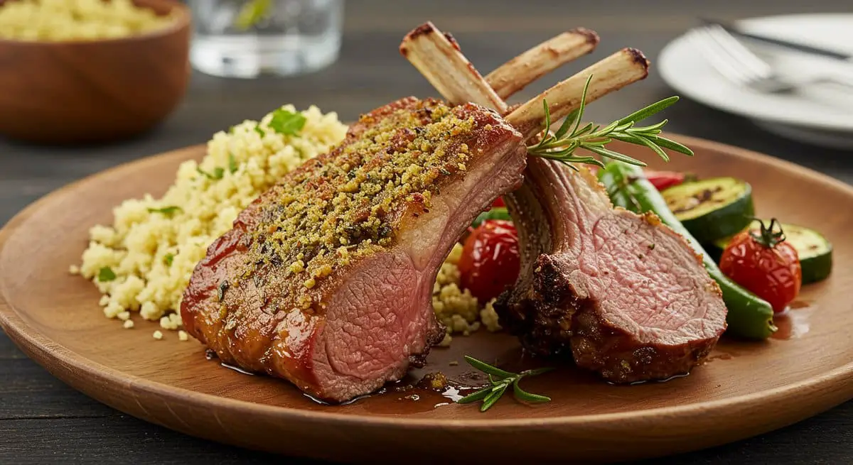 Plated smoked lamb chop with a golden crust, garnished with fresh rosemary, served on a wooden plate alongside couscous and grilled vegetables, presented in a rustic setting