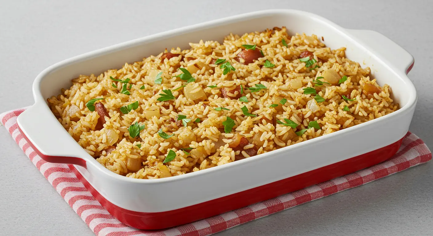 A steaming bowl of French Onion Soup Rice, topped with melted Gruyère cheese and garnished with fresh thyme, served on a rustic table.