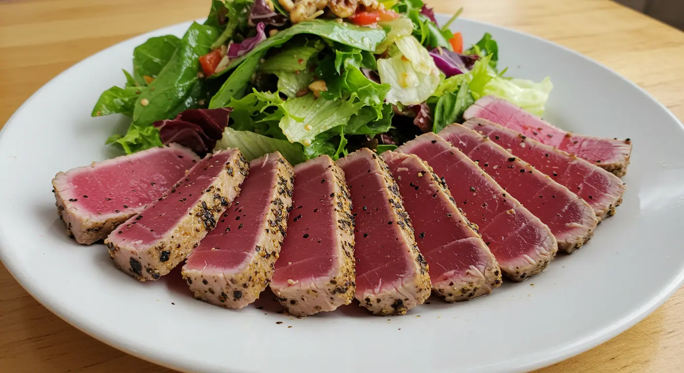 Outback Ahi Tuna Recipe featuring perfectly seared tuna slices with soy ginger sauce and sesame seeds.