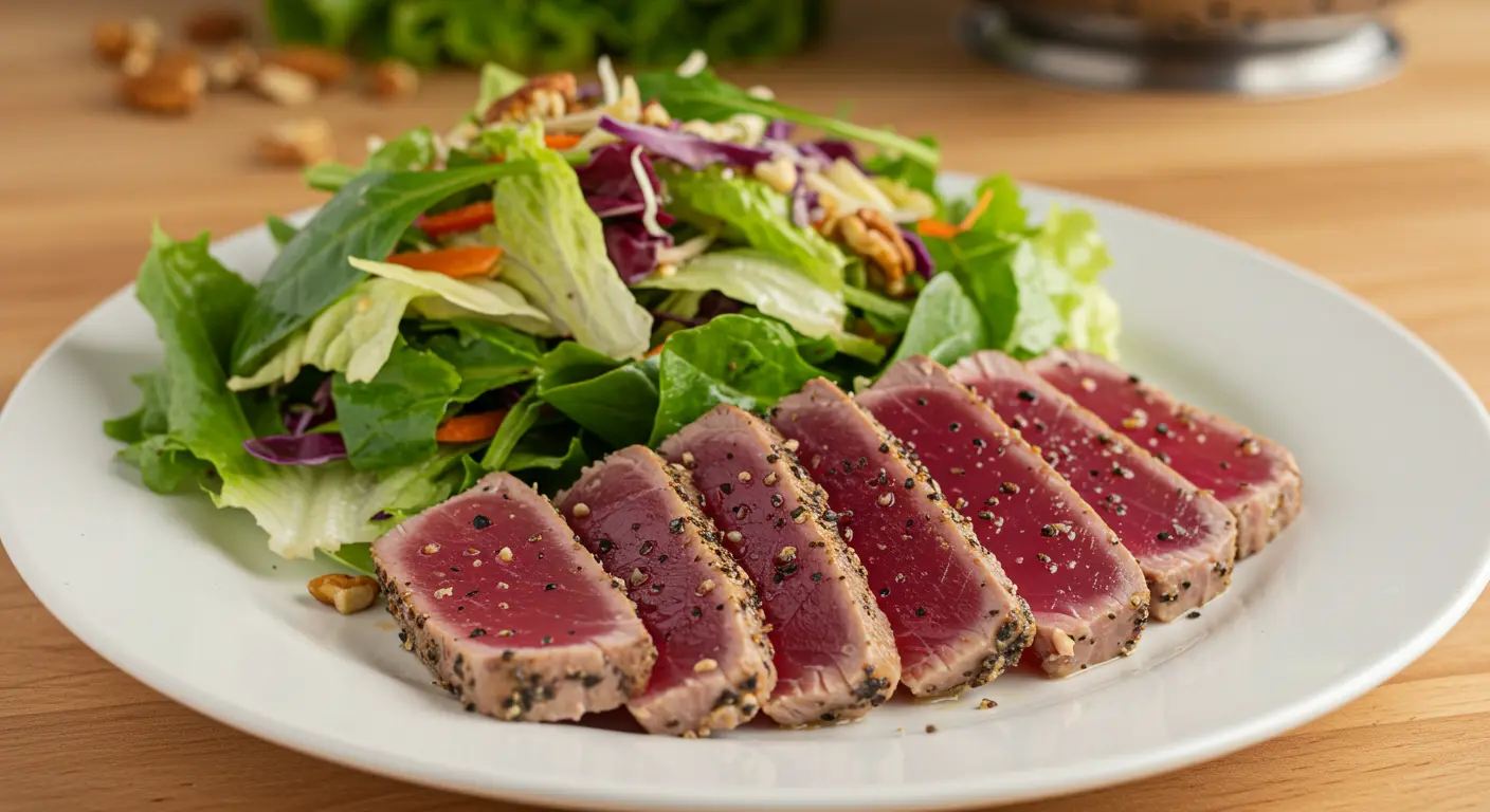 Outback Ahi Tuna Recipe featuring perfectly seared tuna slices with soy ginger sauce and sesame seeds.