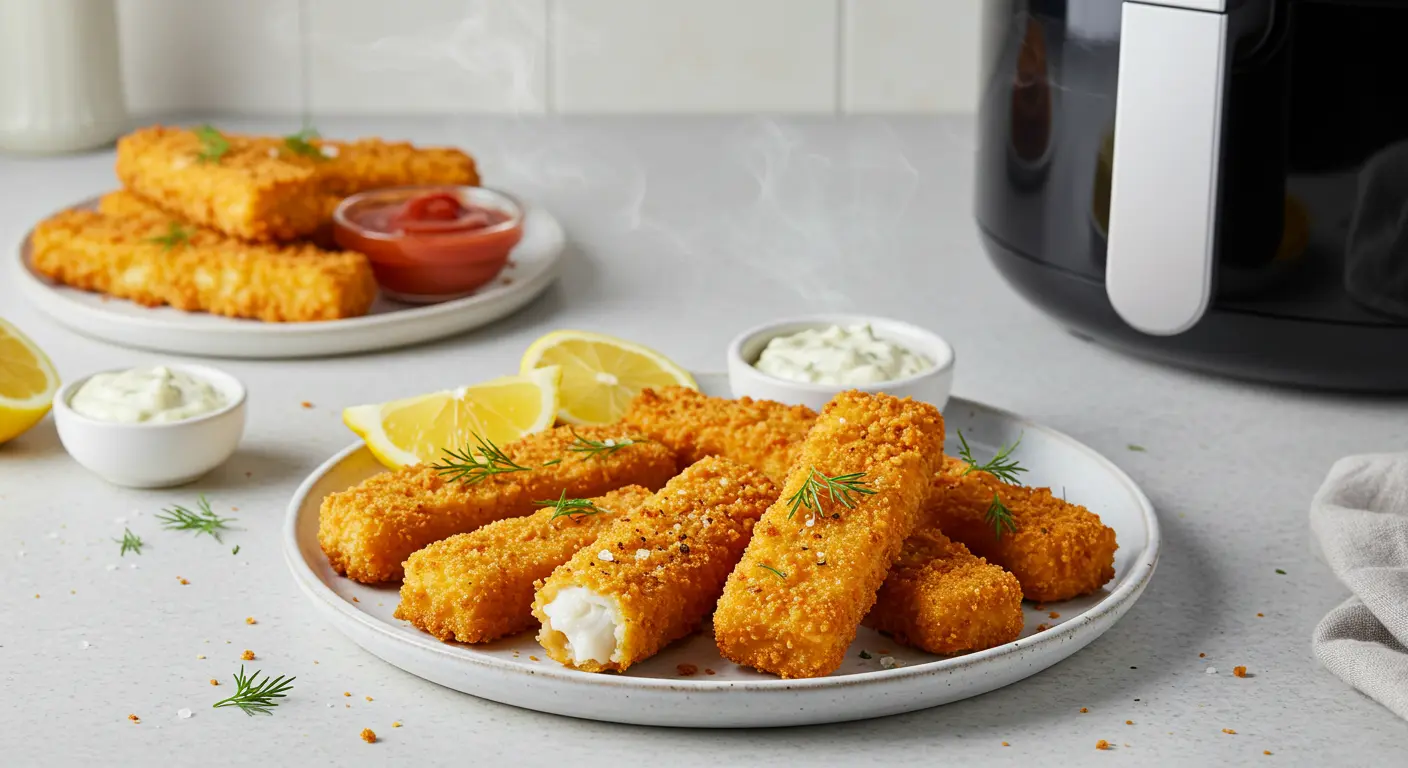 Golden, crispy air fryer fish fingers served on a white plate with lemon wedges, tartar sauce, and fresh herbs, showcasing a quick and easy family-friendly recipe.