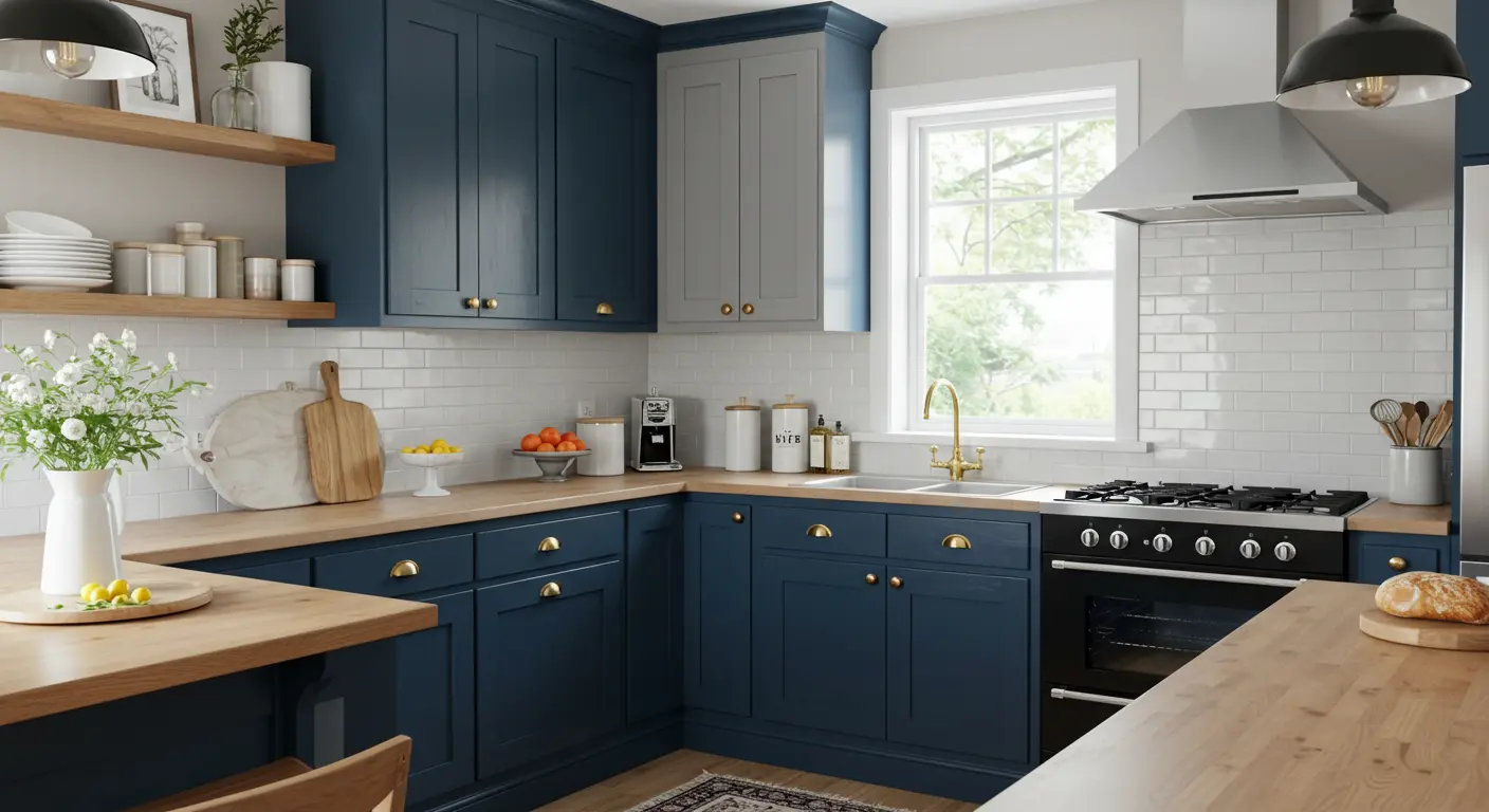 Stylish blue kitchen featuring two-toned cabinetry, butcher block countertops, brass accents, and natural light