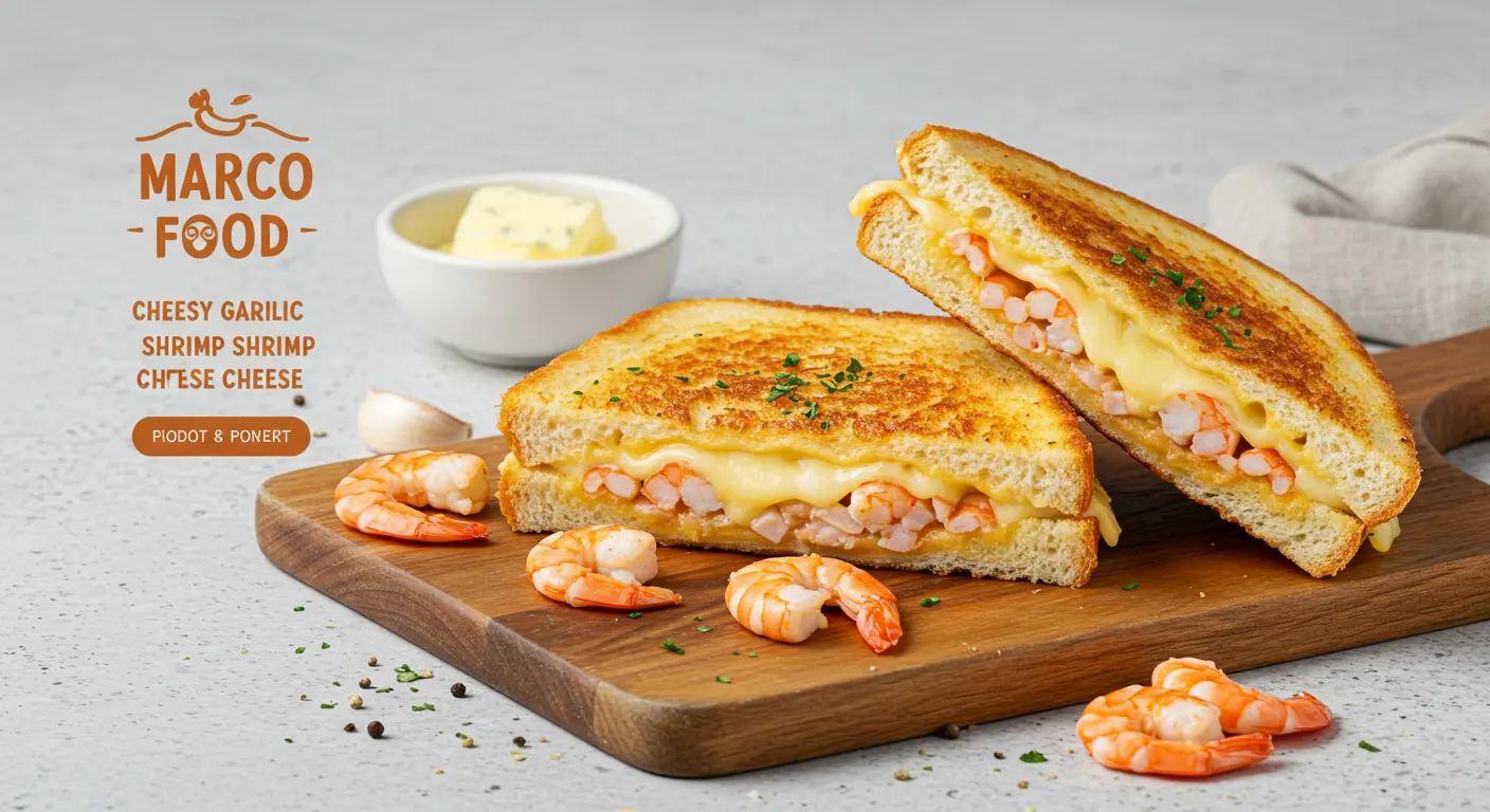 A close-up of a delicious Cheesy Garlic Bread Shrimp Grilled Cheese sandwich, sliced diagonally to reveal gooey melted cheese and succulent shrimp, served on a rustic wooden board with fresh parsley and garlic butter. Perfect for food lovers and gourmet enthusiasts.