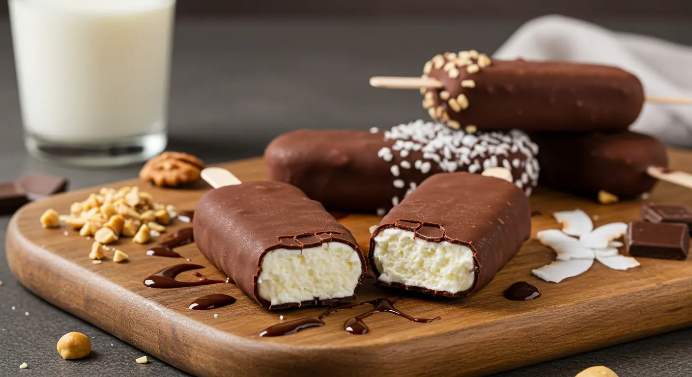 Close-up of a homemade chocolate-covered ice cream bar with a glossy chocolate shell, cracked to reveal creamy vanilla ice cream, topped with crushed nuts and sprinkles on a rustic wooden board.