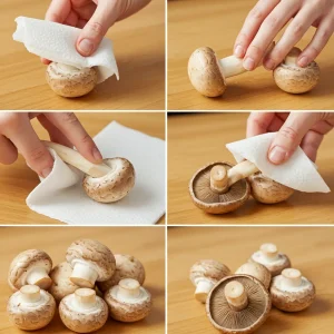Fresh white mushroom caps with stems removed, arranged on a baking sheet, ready to be stuffed with a creamy crab and cheese filling.