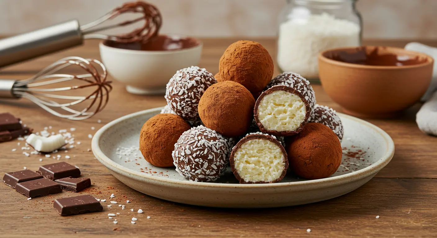 A beautifully arranged plate of Coconut Cream Truffles on a rustic wooden table, showcasing their glossy chocolate coating and creamy coconut centers. Surrounded by cooking tools and ingredients like shredded coconut and cocoa powder, in a warm, modern kitchen setting