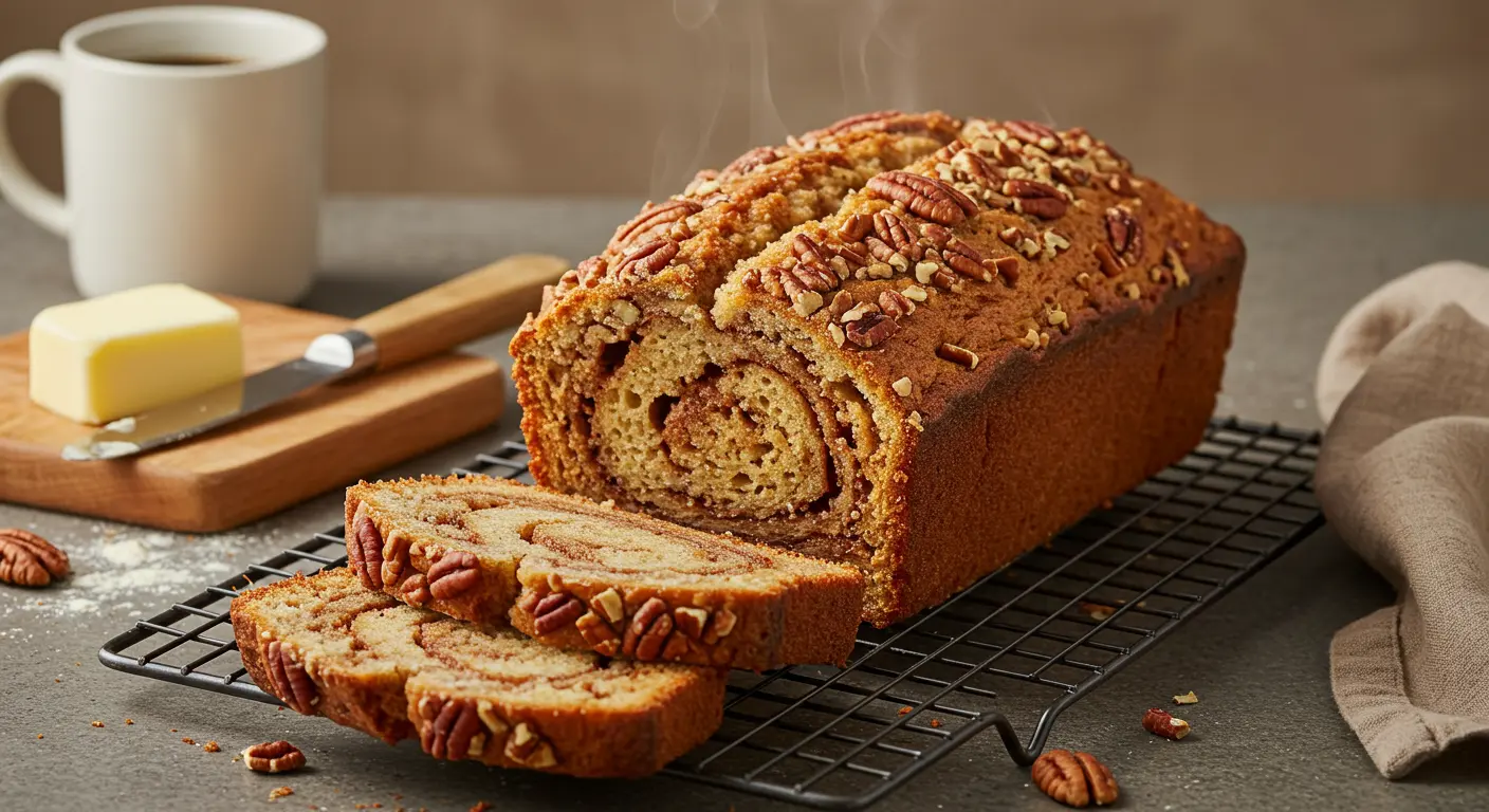 A freshly baked loaf of Cinnamon Pecan Bread resting on a wire rack, topped with golden pecans and a cinnamon swirl, ready to be sliced and served.