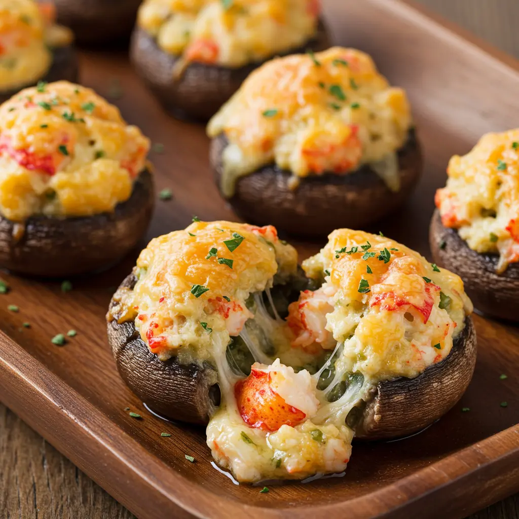 Golden and cheesy Red Lobster stuffed mushrooms with a crispy breadcrumb topping, garnished with fresh parsley, served on a white platter.