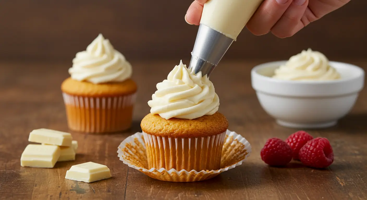 A close-up of a hand piping smooth white chocolate buttercream frosting onto a golden-brown cupcake, with a rustic wooden surface and fresh raspberries nearby.