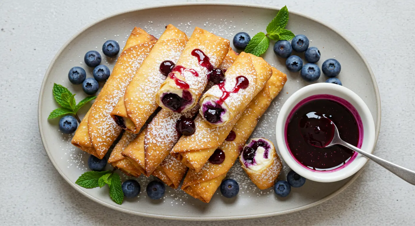 Golden crispy Blueberry Cream Cheese Egg Rolls dusted with powdered sugar and drizzled with blueberry syrup, served on a platter with fresh blueberries and mint leaves