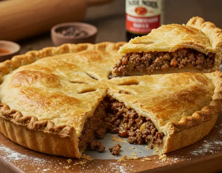 Golden-brown French Canadian Meat Pie with flaky crust and savory spiced beef filling, served on a rustic wooden board.
