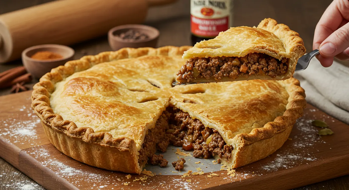 Golden-brown French Canadian Meat Pie with flaky crust and savory spiced beef filling, served on a rustic wooden board.