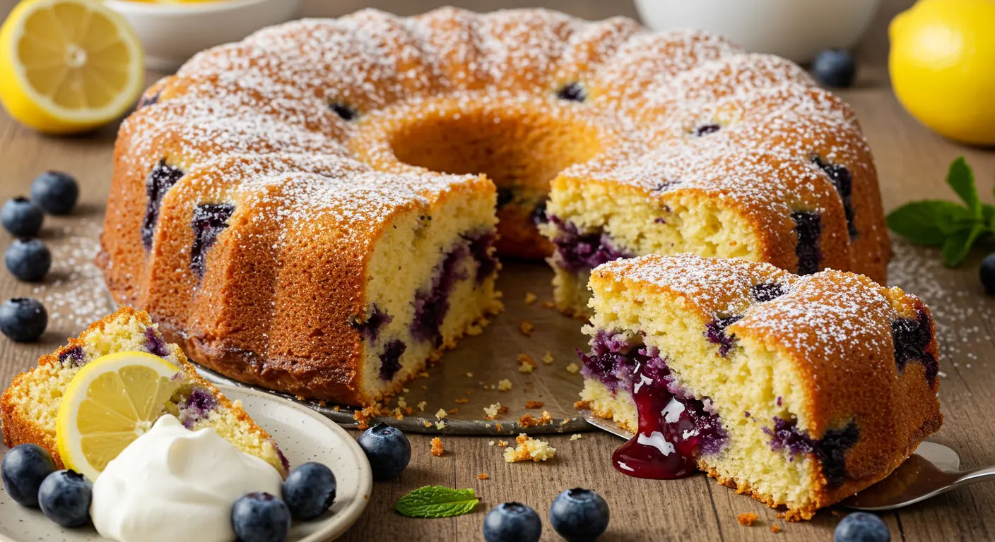 A vibrant Lemon Blueberry Gooey Butter Cake with a golden crust, gooey center, and fresh blueberries, dusted with powdered sugar and garnished with lemon slices and mint.