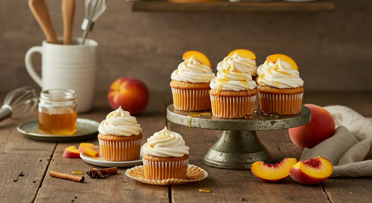 Golden honey-drizzled peach cream cheese cupcakes on a rustic wooden tray, topped with fresh peach slices and creamy frosting, displayed in a cozy kitchen setting.