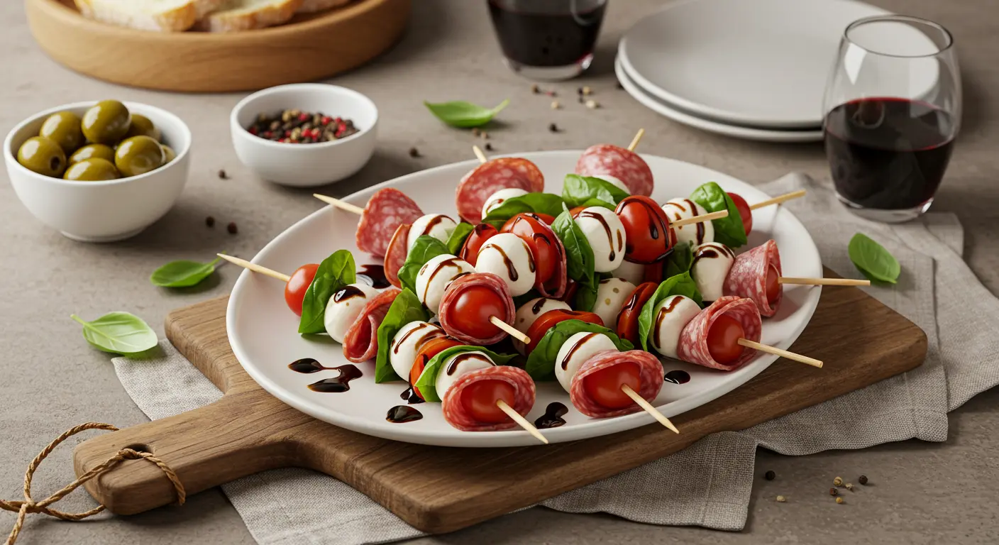 A beautifully arranged platter of Caprese skewers with salami, featuring fresh mozzarella, cherry tomatoes, basil leaves, and balsamic glaze, styled on a rustic wooden board with complementary elements like olives and wine, for the Marco Food website
