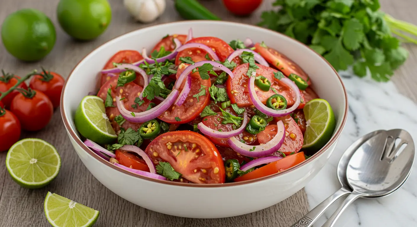 A vibrant bowl of cebolla ensalada featuring marinated red onions, juicy tomato slices, and spicy hot peppers, garnished with fresh cilantro leaves and lime wedges, served on a rustic wooden table.
