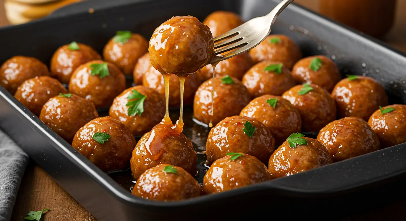 A close-up of golden-brown ham balls in a black baking dish, coated with a glossy, sticky glaze and garnished with fresh parsley.