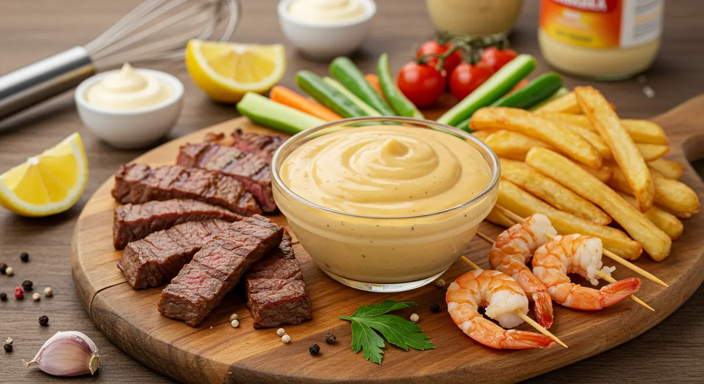 Creamy homemade tiger sauce served in a glass bowl, surrounded by grilled steak, crispy fries, fresh vegetables, and shrimp skewers on a rustic wooden board.