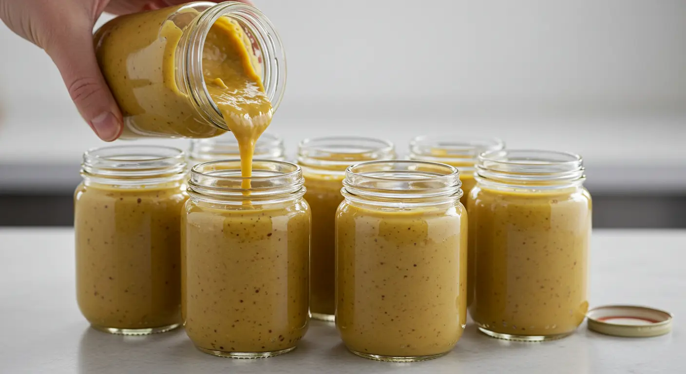 Homemade hot pepper mustard in a jar with fresh hot peppers and mustard seeds, ready to spice up your meals.