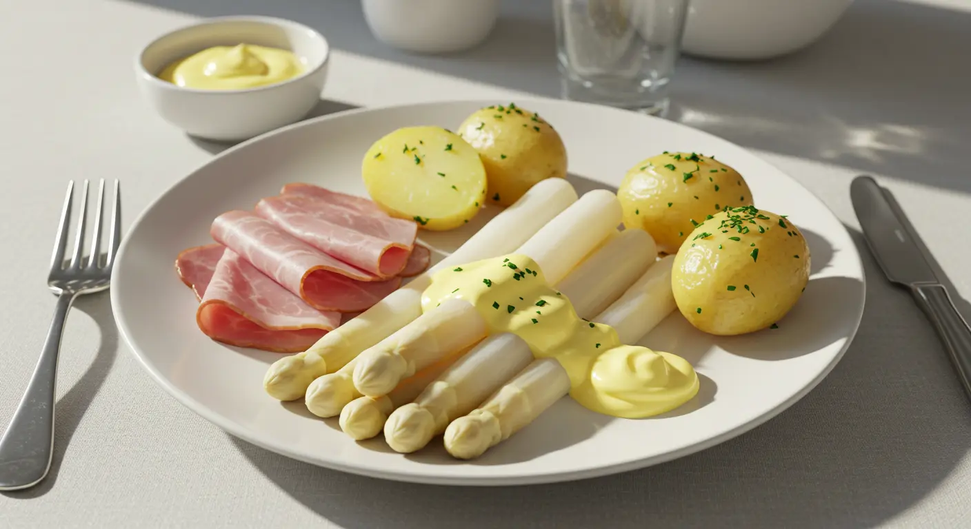Freshly cooked white asparagus with melted butter and a sprinkle of lemon juice, served on a rustic plate as part of a traditional German recipe