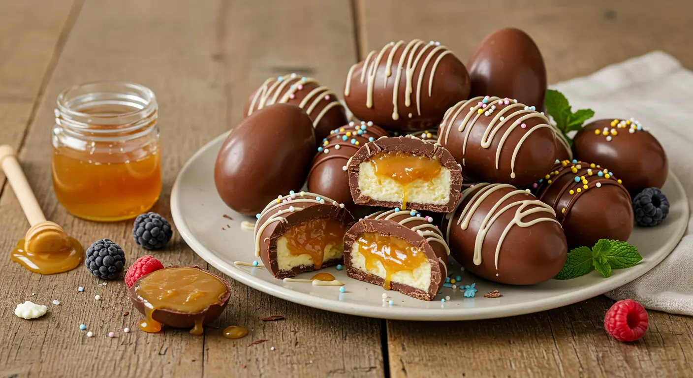 A beautifully arranged platter of glossy chocolate eggs, drizzled with white chocolate and decorated with colorful toppings, set on a rustic wooden surface.