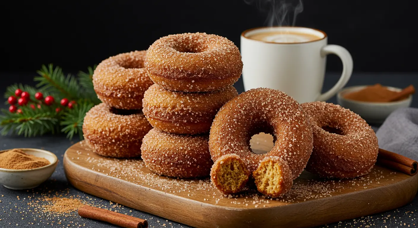 A stack of freshly baked gingerbread donuts coated in cinnamon sugar, displayed on a rustic wooden board with festive holiday elements like a sprig of holly and a mug of coffee.