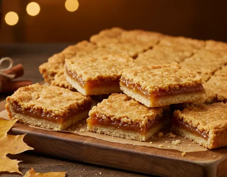 Golden Canadian Butter Tart Squares with a gooey filling, dusted with powdered sugar and drizzled with maple syrup, served on a rustic wooden board.