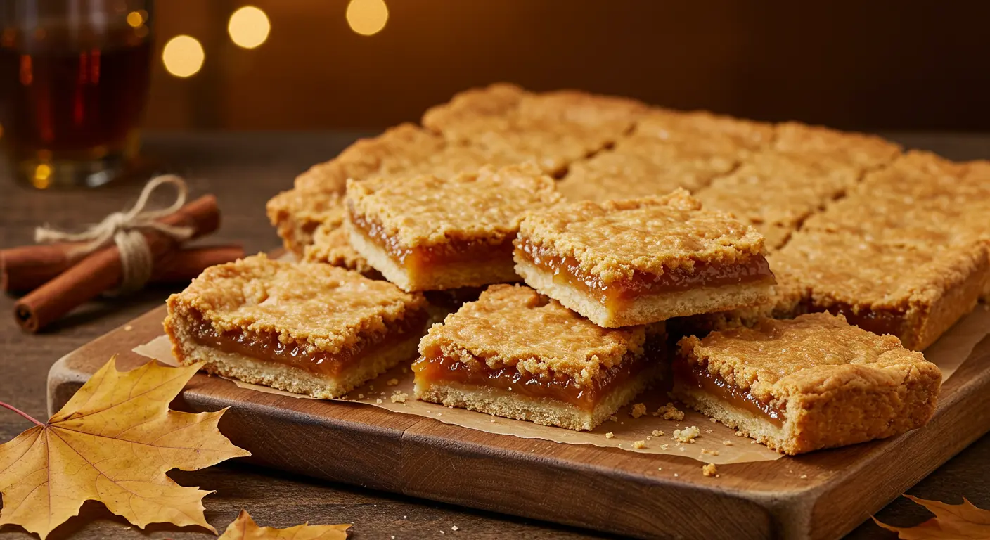 Golden Canadian Butter Tart Squares with a gooey filling, dusted with powdered sugar and drizzled with maple syrup, served on a rustic wooden board.