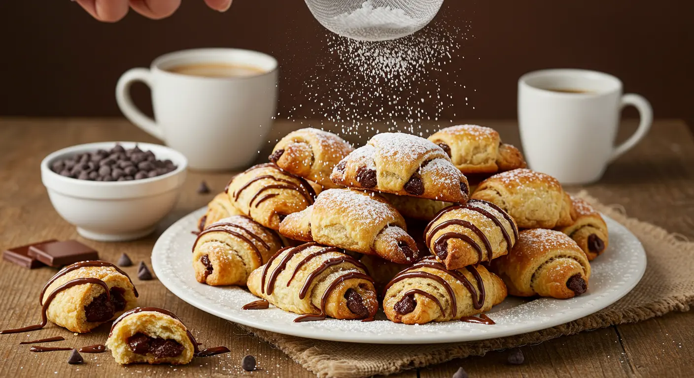 A beautifully arranged platter of freshly baked crookies, dusted with powdered sugar and garnished with chocolate chips, set on a rustic wooden table.