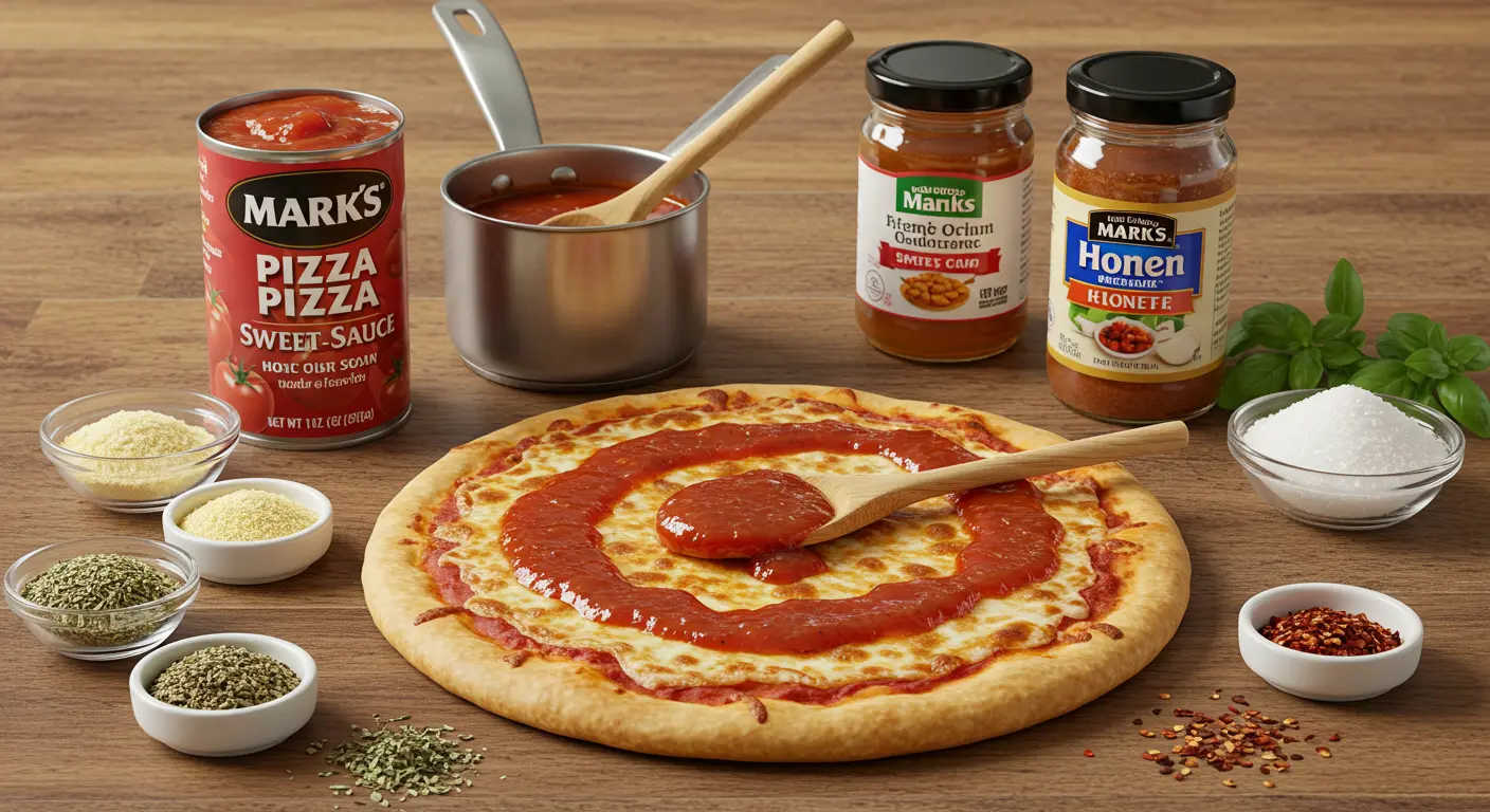 Homemade Marks Pizza Sweet Sauce with Fresh Pizza and Ingredients