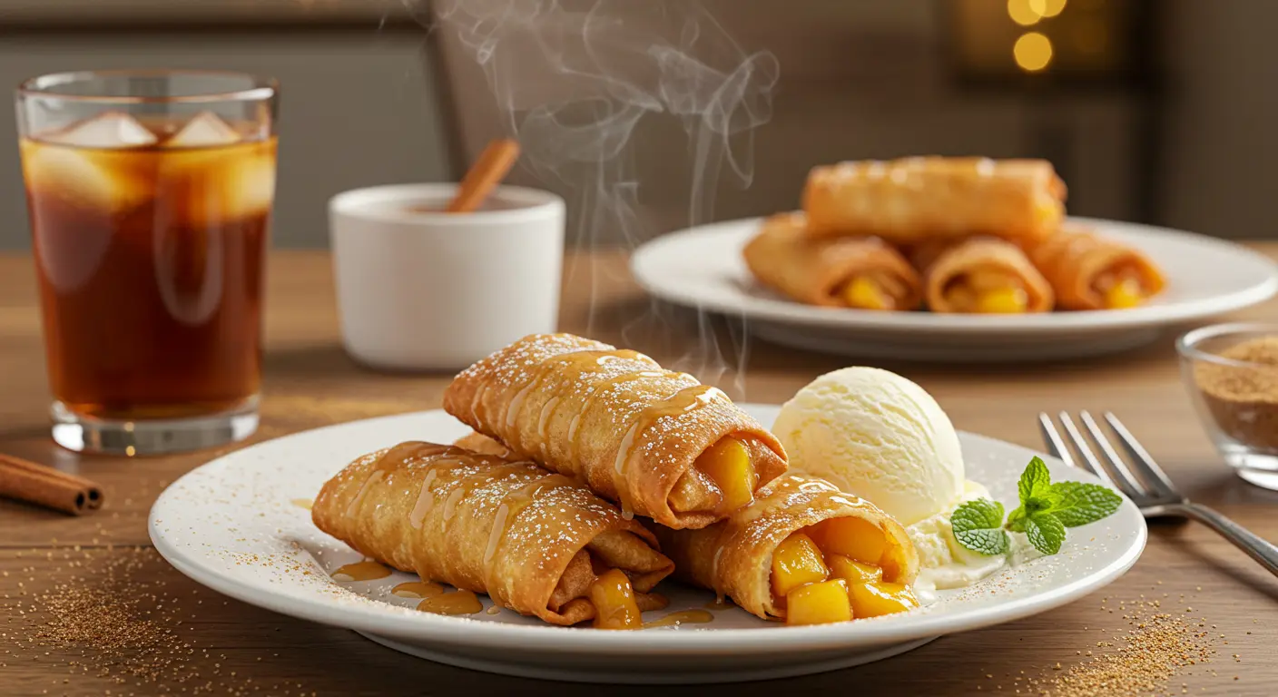 A plate of golden-brown peach cobbler egg rolls, drizzled with glaze and served with a scoop of vanilla ice cream, fresh peach slices, and a sprinkle of cinnamon sugar on a rustic wooden table.
