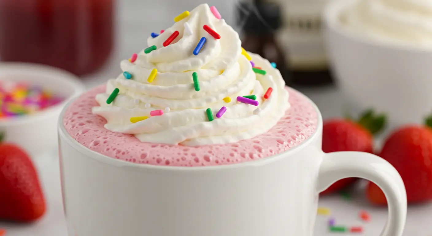 Close-up of a white ceramic mug filled with creamy pink chocolate milk, topped with whipped cream and colorful rainbow sprinkles, with soft steam rising.