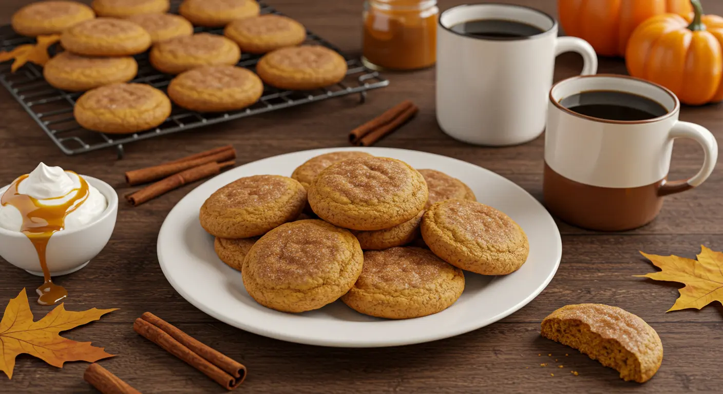 A beautifully styled scene of freshly baked pumpkin pie cookies on a rustic plate, served with a steaming mug of coffee and surrounded by autumn decorations like fall leaves and a mini pumpkin.