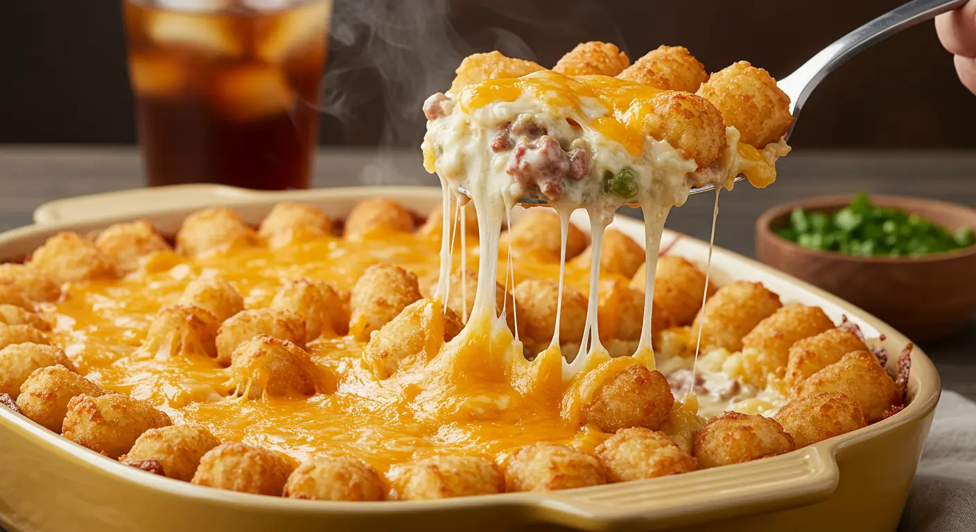 Close-up of a baked Rick Nolan hotdish with golden crispy tater tots, gooey melted cheddar cheese, and creamy savory filling, served fresh from the oven.