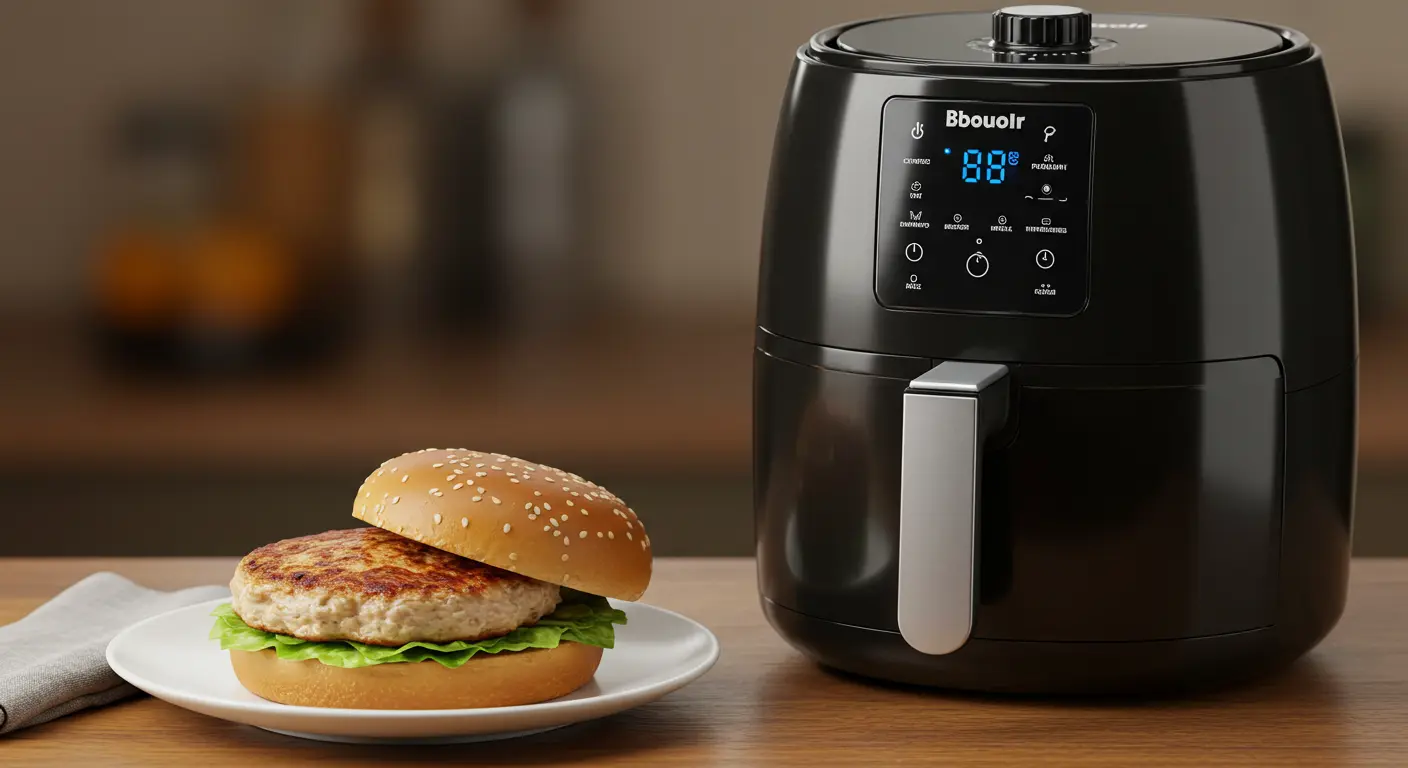 Juicy turkey burger on a whole-grain bun garnished with fresh lettuce, tomato, and avocado, served with colorful vegetable sides.