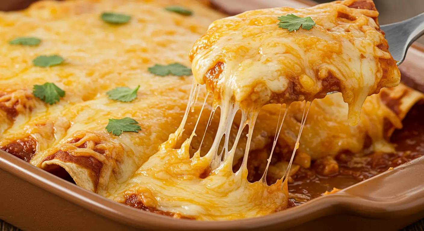 A close-up of perfectly baked enchiladas with gooey, melted cheese covering the top, golden edges, and a sprinkle of fresh cilantro, showcasing the dish's rich and appetizing texture.