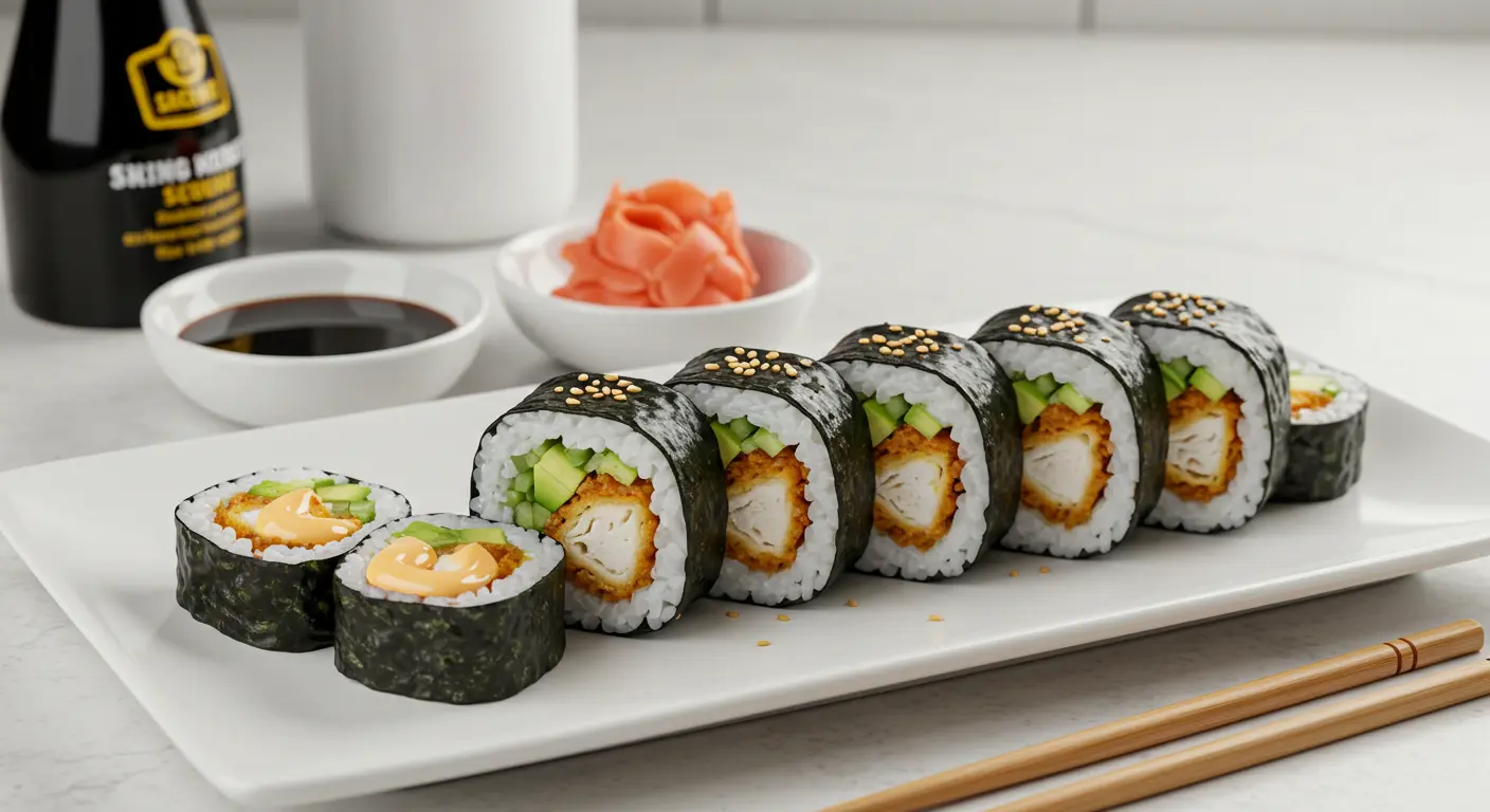 A close-up of a homemade chicken tempura roll, sliced into pieces and arranged on a white plate, showcasing crispy tempura chicken, avocado, and cucumber wrapped in nori, served with soy sauce, pickled ginger, and sriracha mayo.