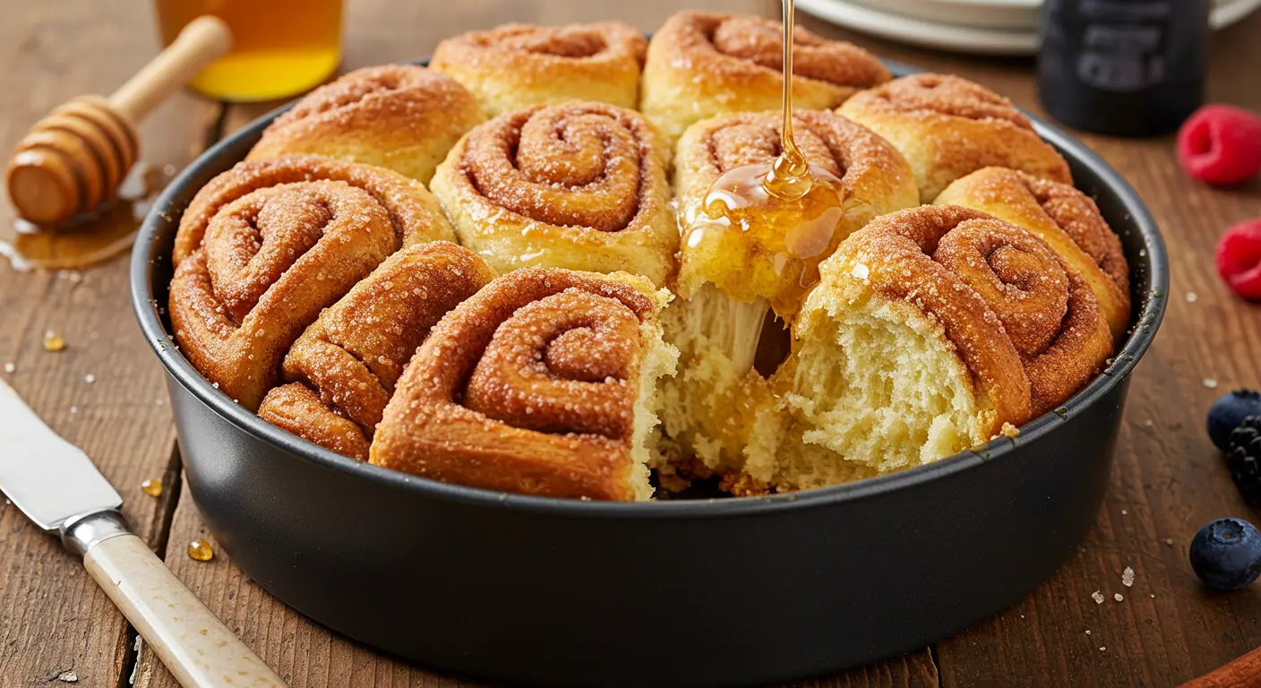Golden honeycomb bread with pull-apart layers, glistening with melted butter and cinnamon-sugar topping, drizzled with honey on a rustic wooden surface.